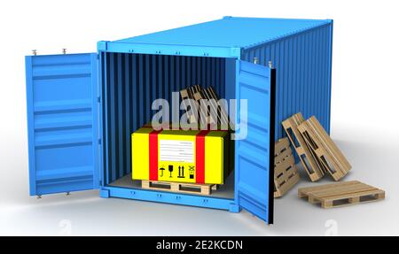 Consegna di grandi pacchi. Il pacco giallo si trova su un pallet nel contenitore di carico aperto. Isolato. Illustrazione 3D Foto Stock