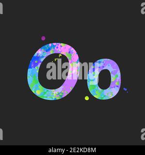 Lettere o maiuscola e minuscola con effetto di macchie liquide di vernice in blu, verde, rosa, isolato su grigio scuro. Elemento decorativo per la progettazione di volantini, poster, copertina, titolo. Vettore Illustrazione Vettoriale