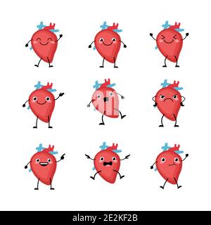 Carino cuore organi set di caratteri in uno stile cartoon piatto. Gli organi umani hanno le diverse emozioni. Illustrazione Vettoriale