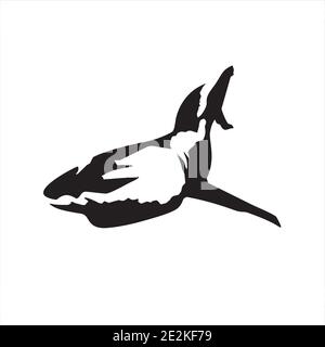 Silhouette Shark Black. Stile artistico piatto. Squalo isolato su sfondo bianco. Illustrazione del vettore di icone. Illustrazione Vettoriale