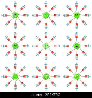 Set di vaccini Covid 19 con carattere coronavirus. Grande collezione di simboli di vaccinazione. Concetto di virus che è spaventato e paura di iniezione. Vettore i Illustrazione Vettoriale