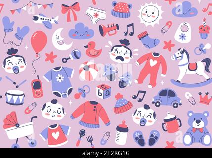 Oggetti per bambini motivo senza cuciture con vestiti, giocattoli e accessori per neonati. Simpatica illustrazione vettoriale disegnata a mano, perfetta per sfondi, sfondi e. Illustrazione Vettoriale