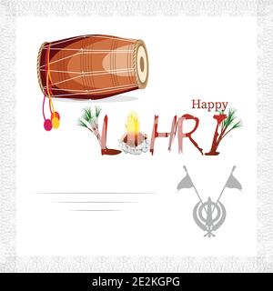 Illustrazione vettoriale per Happy Lohri. Indiano tradizionale tamburo o dholak o dhol e coppia danzante Illustrazione Vettoriale
