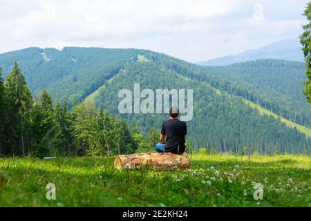 Ragazzo seduto su registro e godere di un tranquillo paesaggio di montagne verdi. Tranquillità e relax. Foto Stock