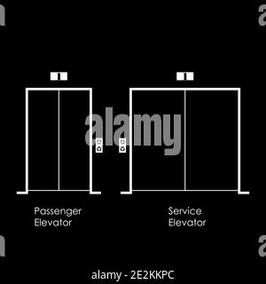 Icona survice e ascensore passeggeri con porte chiuse. Vettore. Minimo, profilo. Illustrazione Vettoriale