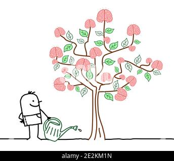 Mano disegnata Cartoon Man annaffiatura un grande albero con Cervelloni Illustrazione Vettoriale