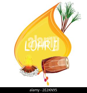 Illustrazione vettoriale per Happy Lohri. Indiano tradizionale tamburo o dholak o dhol e coppia danzante Illustrazione Vettoriale