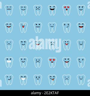 Set di emoticon. Carattere dente con diverse espressioni facciali, emozioni. Design piatto. Set di Emoji. Illustrazione Vettoriale
