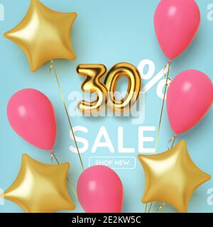 sconto del 30 su promozione in numero d'oro 3d realistico con palloncini e stelle. Numero in forma di palloncini d'oro. Vettore Illustrazione Vettoriale