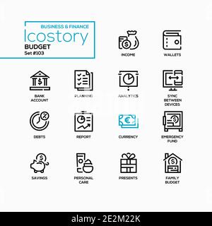 Budget - insieme di icone di stile di progettazione di linee vettoriali. Gestione finanziaria, tipi di spese, idea app mobile finanziaria. Reddito, portafoglio, conto bancario, risparmio, Illustrazione Vettoriale