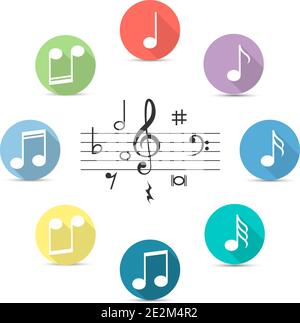 Icona di note musicali in stile piatto isolata su sfondo trasparente. Illustrazione vettoriale per la progettazione musicale. Illustrazione Vettoriale