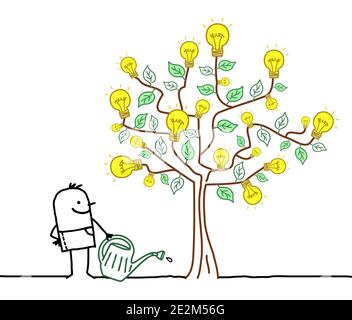 Uomo Cartoon disegnato a mano che innaffia un grande albero con luce Lampadine Illustrazione Vettoriale