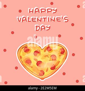 Pizza gialla a forma di cuore con salsiccia e formaggio su sfondo rosa. Testo Red Happy Valentines Day, graziosi pezzi di salsiccia affumicata sono intorno Illustrazione Vettoriale