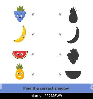 Illustrazione vettoriale. Gioco di corrispondenza per bambini età prescolare e asilo. Trovare l'ombra corretta. Frutta carina. Illustrazione Vettoriale