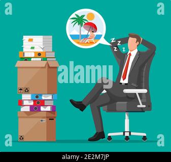 Il carattere dell'uomo d'affari dorme in mazzo di carte. Uomo d'affari stanco o lavoratore d'ufficio che dorme sul posto di lavoro. Stress sul lavoro. Burocrazia, documentazione, scadenza. Illustrazione vettoriale in stile piatto Illustrazione Vettoriale