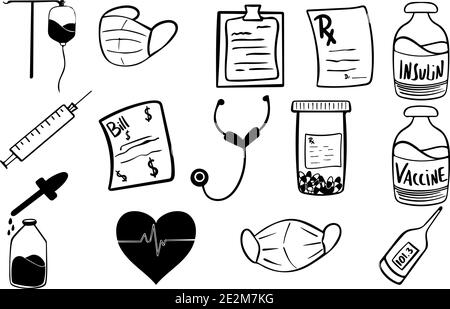 Set di icone mediche, disegnate a mano, illustrazione vettoriale Illustrazione Vettoriale