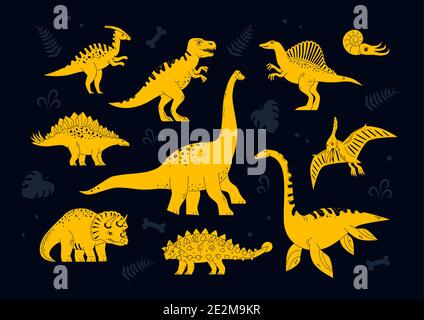 Collezione di dinosauri - Set di personaggi dal design piatto su sfondo nero. Preistorica volte idea. Immagini colorate di triceratops, elastosaurus, Illustrazione Vettoriale