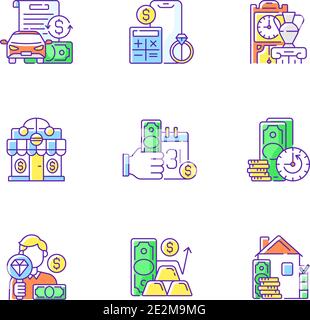Set di icone colore RGB Pawnshop Illustrazione Vettoriale