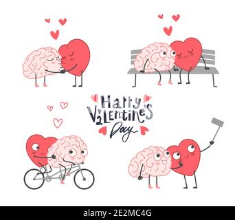 Grande set di icone del tema del giorno di San Valentino felice. Rapporto cuore e mente. Il cuore e il cervello caddero nell'amore Illustrazione Vettoriale