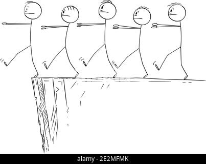 Figura del cartoon vettoriale di figura del bastone di sonnwalker, persone zombie o uomini d'affari che seguono il leader e che cadono dalla scogliera. Illustrazione Vettoriale