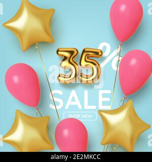 sconto del 35 su promozione in numero d'oro 3d realistico con palloncini e stelle. Numero in forma di palloncini d'oro. Vettore Illustrazione Vettoriale