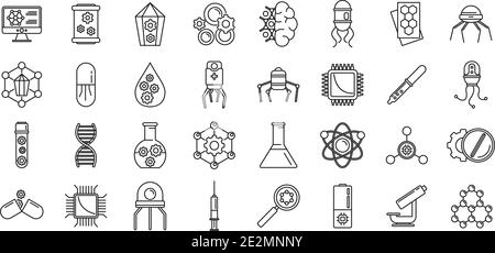 Set di icone per la scienza delle nanotecnologie, stile del contorno Illustrazione Vettoriale