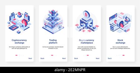 Illustrazione vettoriale della piattaforma di scambio di criptovaluta isometrica. UX, UI onboarding mobile app page set con cartoon 3d trader lavoro, blockchain, Crypto valuta data borsa marketplace Illustrazione Vettoriale