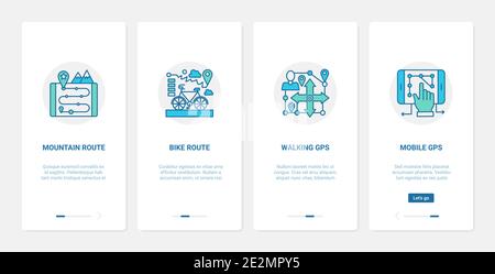 Illustrazione vettoriale della tecnologia del servizio di navigazione GPS. UX, UI onboarding mobile app page set con linea mountain bike percorso, frecce navigatore direzione per i simboli di viaggio a piedi Illustrazione Vettoriale