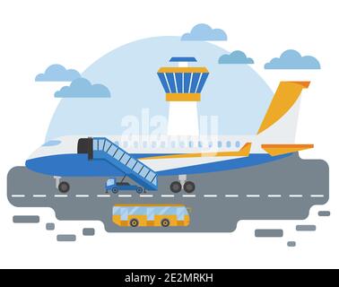 Raccolta macchine speciali. Servizio di assistenza a terra per l'aeroporto trasporto icona vettoriale colorata isolata su bianco. Disegno vettoriale dell'illustrazione Illustrazione Vettoriale