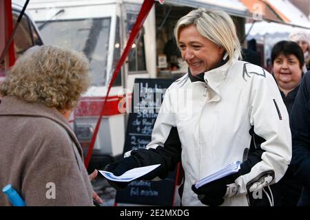 Marine le Pen, deputee europeenne et numero 2 du parti d'Extreme droite Front National (FN), distributive des tracts sur le marche pendant leur campagne pour les elections regionales a Henin-Beaumont, nord de la France, le 12 fevrier 2010. Foto Mikael Liber Foto Stock