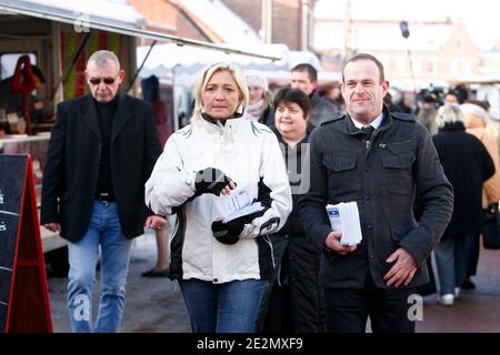 Marine le Pen, deputee europeenne et numero 2 du parti d'Extreme droite Front National (FN), distributive des tracts sur le marche en compagnie de Steve Briois pendant leur campagne pour les elections regionales a Henin-Beaumont, nord de la France, le 12 fev Foto Stock