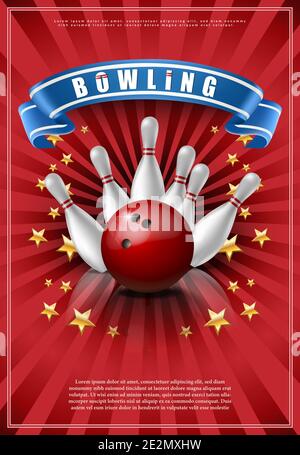 banner vettoriale realistico del gioco del bowling con palla rossa e birilli bianchi. Illustrazione Vettoriale