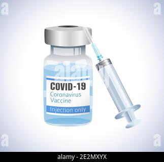 Set medico vettoriale 3D realistico. Coronavirus COVID19 concetto di poster del vaccino per iniezione. Modello grafico isolato astratto. Fondo in vetro per medicinali Illustrazione Vettoriale