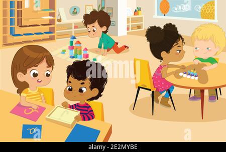 Lezione di scuola di Montessori. Illustrazioni vettoriali di bambini nella sala giochi, ragazzi e ragazze coinvolti nelle attività di Montessori e fare Divertimento. Ontessori it Illustrazione Vettoriale