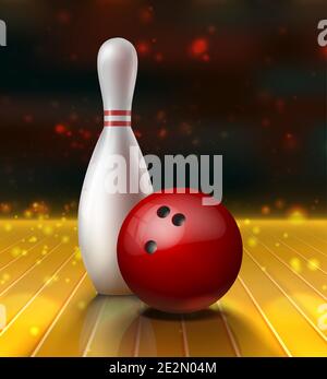 realistico vettore bowling kegel e palla rossa su un pavimento di legno. Illustrazione Vettoriale