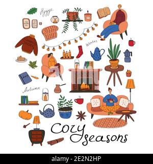 Ambiente caldo e accogliente. Grande collezione di elementi igge. Concetto stagionale. Icone vettoriali piatte Illustrazione Vettoriale