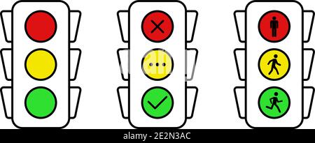 Le icone degli indicatori di traffico impostano sì, no e attendere. Alzati, cammina e corri. Eps10 Illustrazione Vettoriale