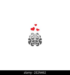 Cervello grigio con l'icona dei cuori rossi. Intelletto, fsicologia, conoscenza pittogramma semplice isolato su bianco. Illustrazione vettoriale piatta. Creativo, amore, romano Illustrazione Vettoriale