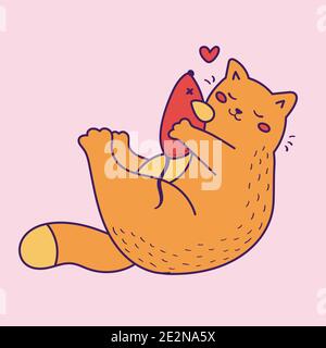 Gatto di doodle disegnato a mano con mouse giocattolo. Biglietto d'auguri per San Valentino. Simpatico personaggio vettoriale cartoon. Illustrazione Vettoriale