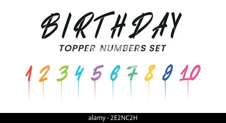 Set di numeri di topper di compleanno. Numeri di pennello disegnati a mano e lettere di compleanno Illustrazione Vettoriale