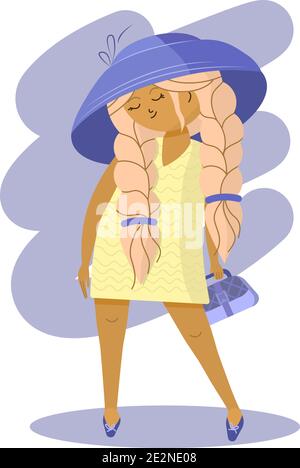 Ragazza alla moda con trecce in un abito giallo e cappello lilla con una borsa. Illustrazione vettoriale Illustrazione Vettoriale