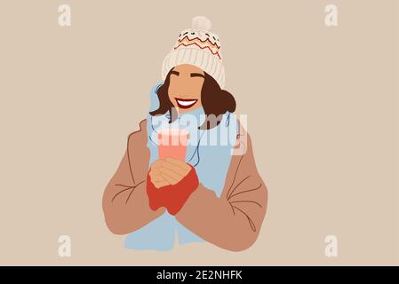 Donna con simpatico cappello invernale che tiene un caffè per andare e sorridere. Illustrazione vettoriale in toni pastello. Illustrazione Vettoriale
