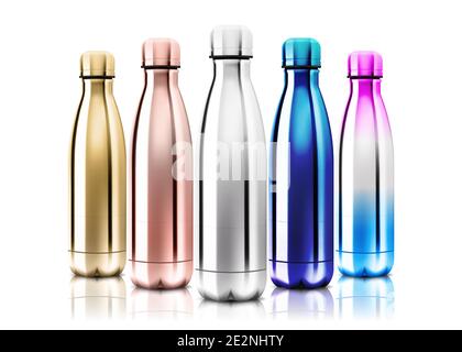 Vector Realistic 3d blu e oro vuoto metallo lucido bottiglia d'acqua riutilizzabile con set di argenti Chioseup su trasparenza griglia sfondo. Design Illustrazione Vettoriale