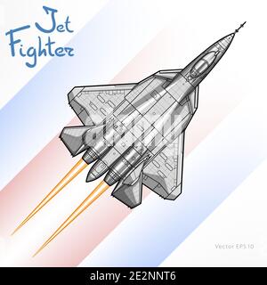 Disegno tecnico del nuovissimo russian jet fighter aircraft. Isolato su sfondo bianco. Illustrazione Vettoriale