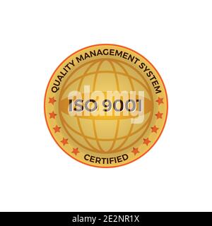 Etichetta dorata certificata ISO 9001, illustrazione vettoriale. Vettore di icone certificato ISO 9001 su sfondo bianco. Illustrazione Vettoriale