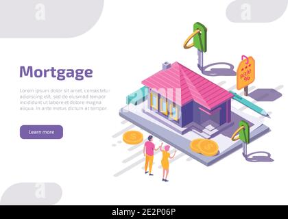 Pagina di destinazione isometrica ipotecaria o banner Web. Felice coppia vicino casa propria cottage con monete sparse e chiavi. Debito, prestito ipotecico, credito al consumo bancario offerta per l'acquisto casa a rate. Illustrazione Vettoriale