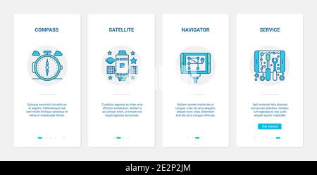Illustrazione vettoriale della tecnologia del servizio di navigazione GPS. UX, UI onboarding mobile app page set con linea geocaching viaggio avventura attrezzature per navigare, bussola navigatore satellitare simboli Illustrazione Vettoriale