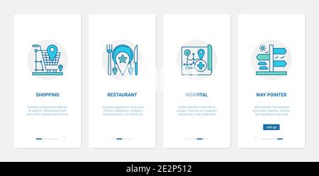 Illustrazione vettoriale della tecnologia del servizio di navigazione GPS. UX, UI onboarding mobile app page screen Set with line arrow Navigator pointer to Navigate on way to shop, Restaurant cafe or hotel symbols Illustrazione Vettoriale