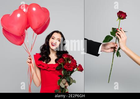 collage di donna felice che tiene i palloncini rossi a forma di cuore e ricevere rosa da uomo isolato su grigio Foto Stock