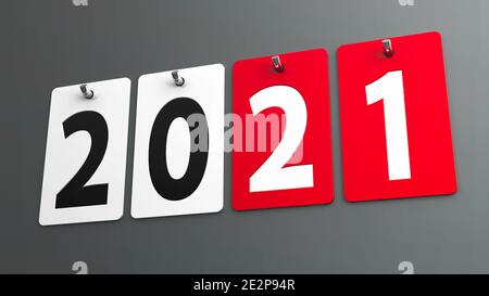 Lastre 2021 su parete grigia, rappresenta il nuovo anno 2021, rendering tridimensionale, illustrazione 3D Foto Stock
